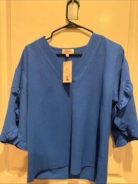 V-Neck Ruffle Sleeve Blouse in Cobalt Blue